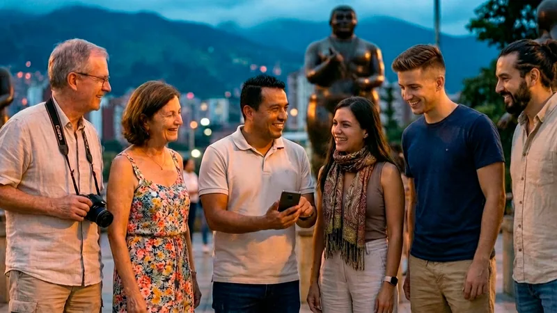Guía turístico usando traducción simultánea con un grupo